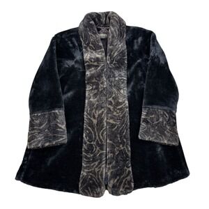 Vintage Monterey Fashions Faux Fur Coat Women's XL Black Gray Pattern Trim Soft